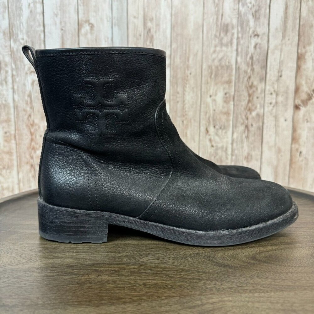 Tory Burch Simone Leather Moto Ankle Bootie Side Zip‎ Logo Black Size 8 Women